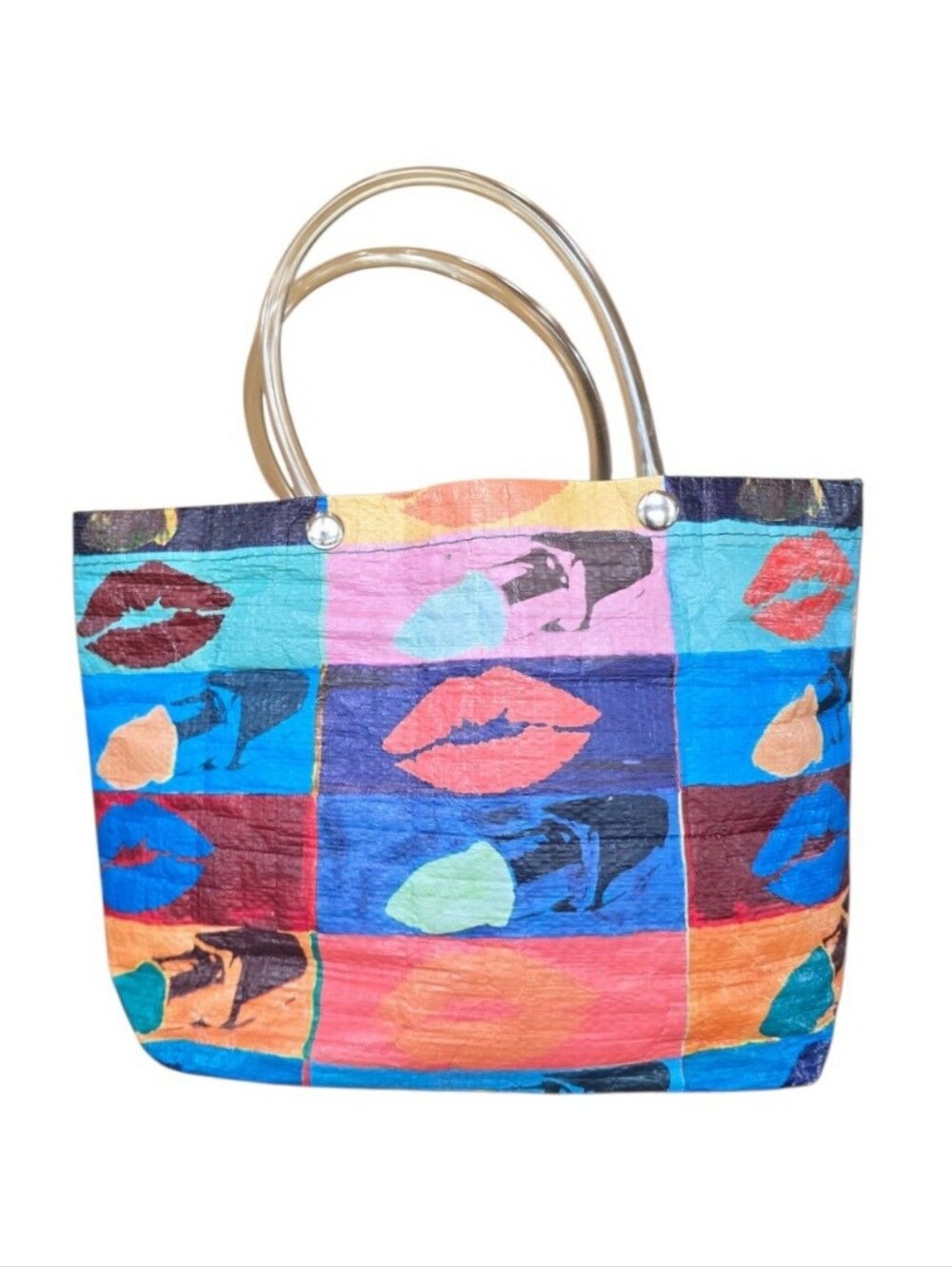 Recycled Multicolor Pop Art Lips Plastic Top Handle Tote